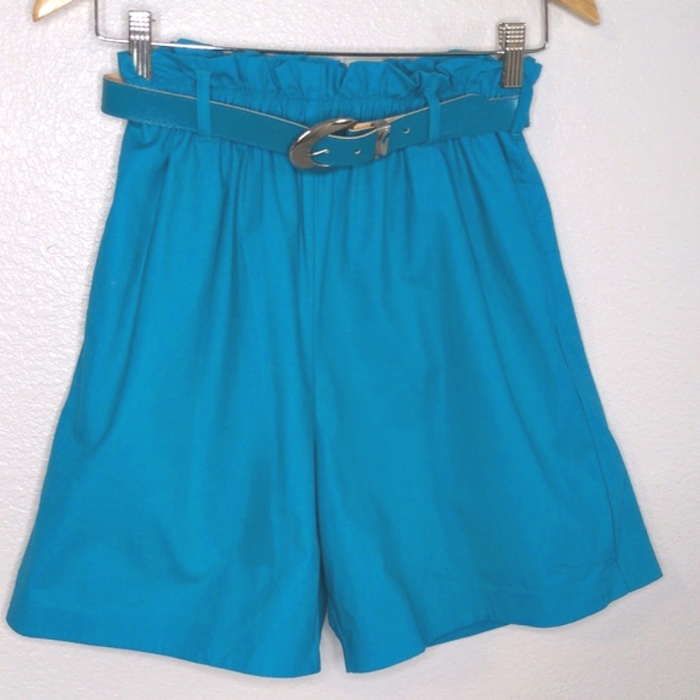 Vintage High Waist, Paper Bag Turquoise Shorts with Statement Belt